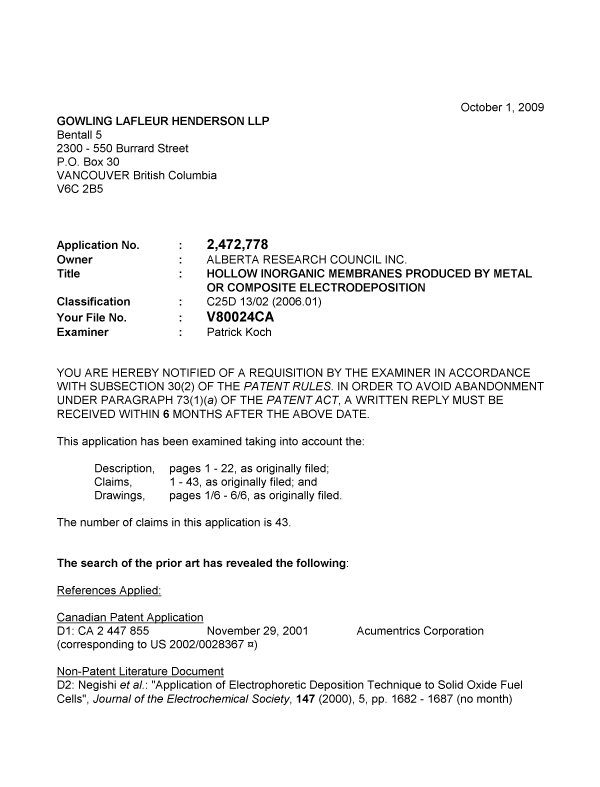 Canadian Patent Document 2472778. Prosecution-Amendment 20091001. Image 1 of 5