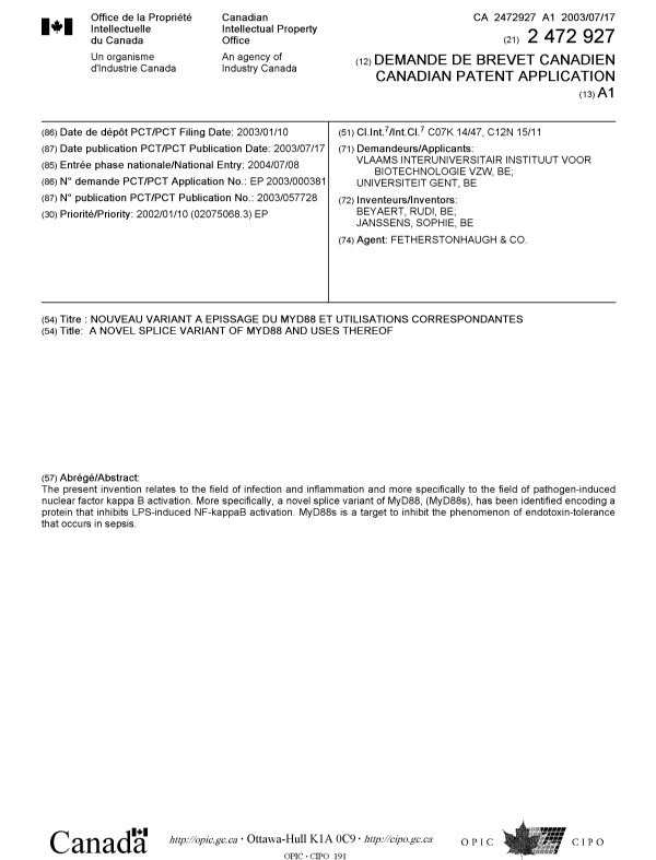 Document de brevet canadien 2472927. Page couverture 20040901. Image 1 de 1