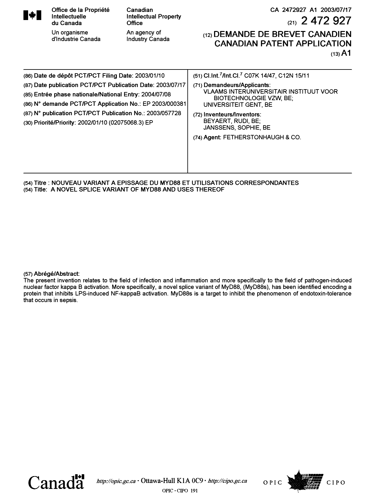 Canadian Patent Document 2472927. Cover Page 20040901. Image 1 of 1