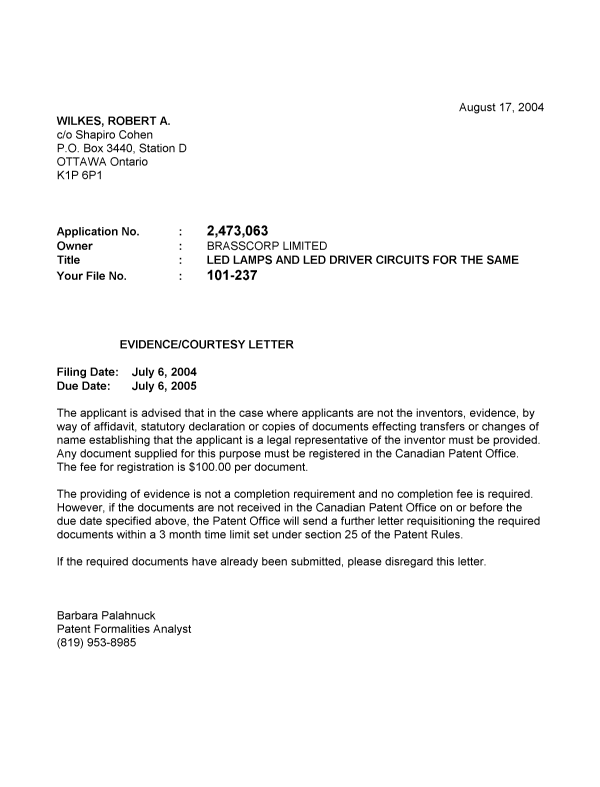 Document de brevet canadien 2473063. Correspondance 20031210. Image 1 de 1