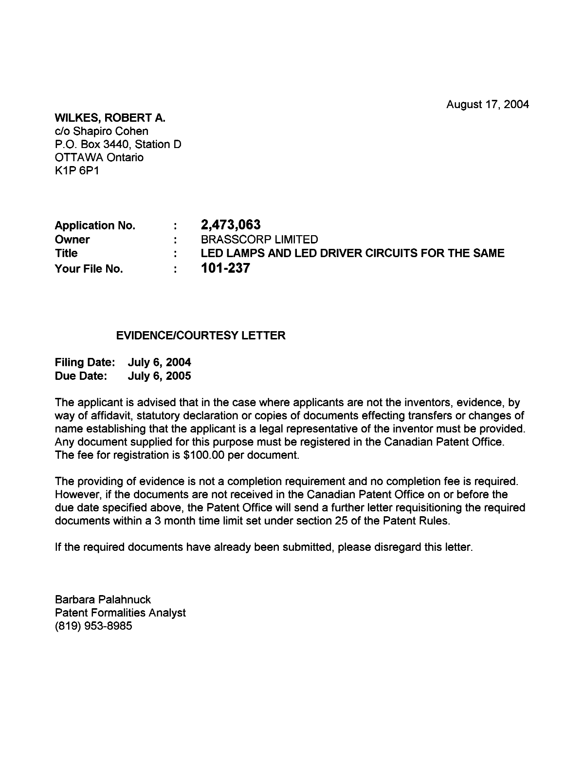 Canadian Patent Document 2473063. Correspondence 20031210. Image 1 of 1