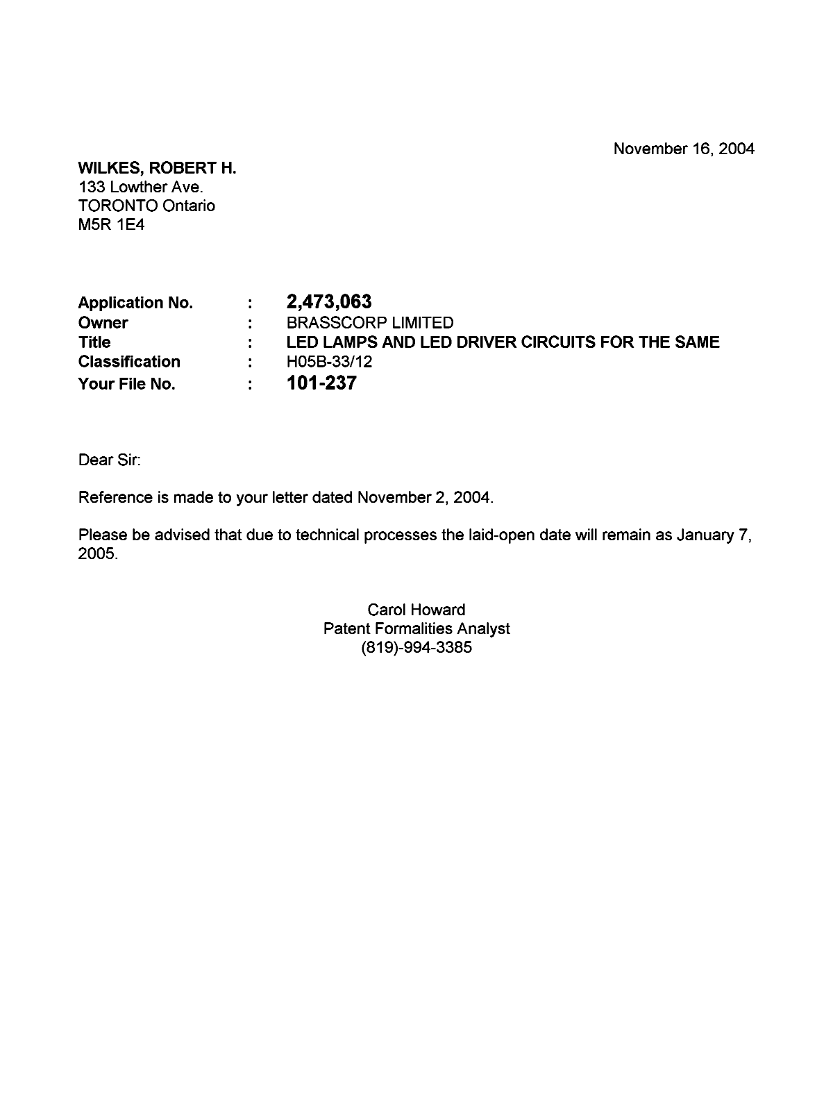 Document de brevet canadien 2473063. Correspondance 20031216. Image 1 de 1