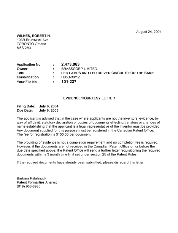 Canadian Patent Document 2473063. Correspondence 20031225. Image 1 of 1