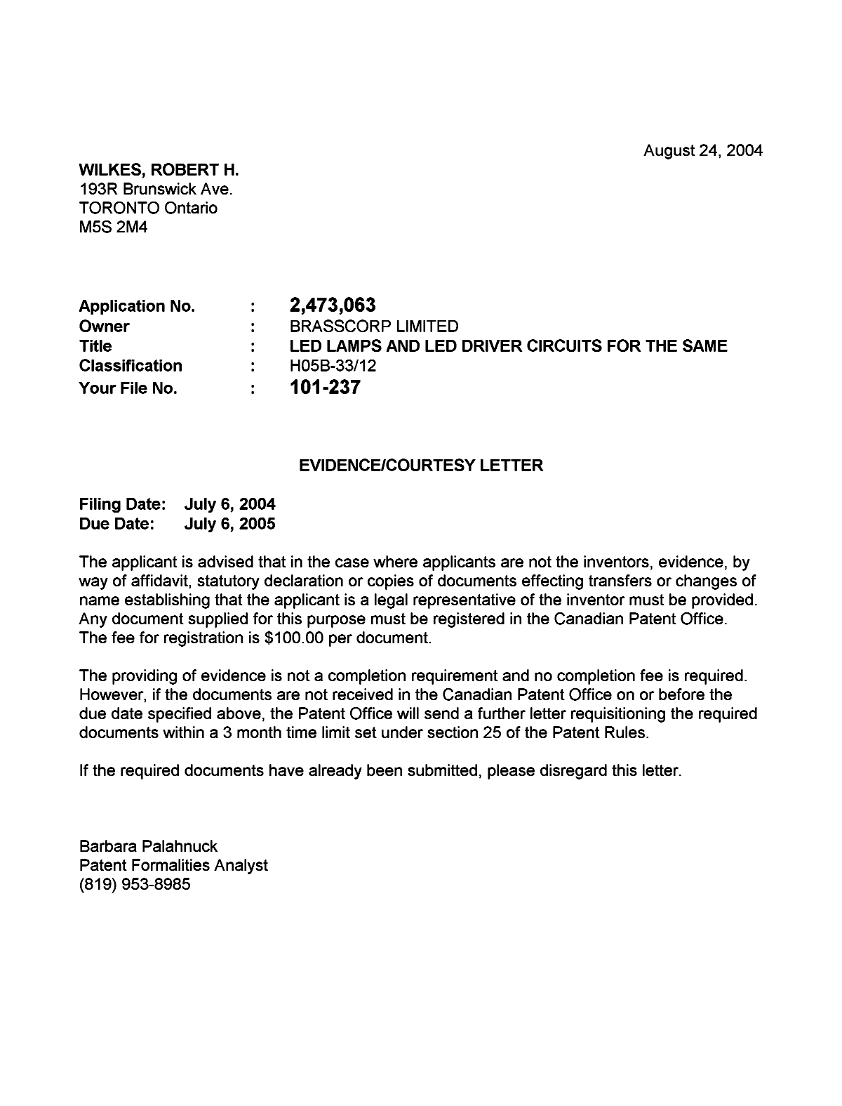 Canadian Patent Document 2473063. Correspondence 20031225. Image 1 of 1