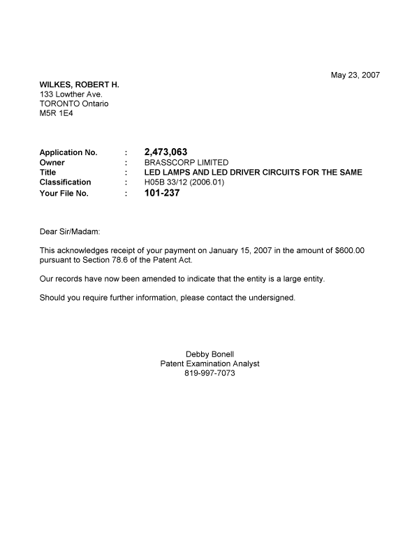 Document de brevet canadien 2473063. Correspondance 20061223. Image 1 de 1