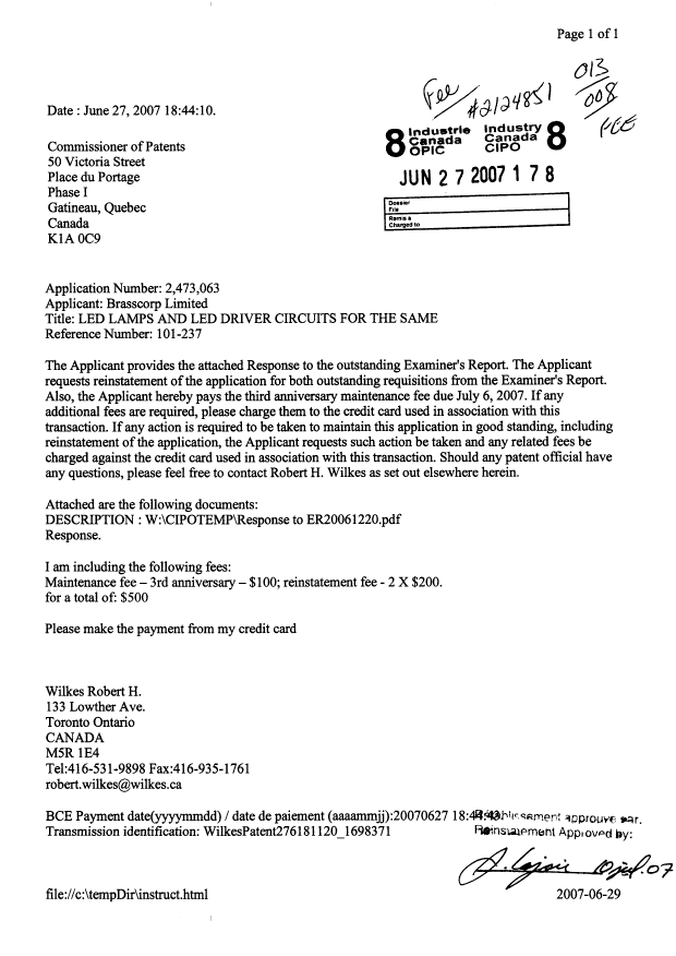Document de brevet canadien 2473063. Taxes 20061227. Image 1 de 1
