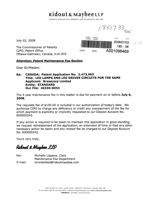 Document de brevet canadien 2473063. Taxes 20071202. Image 1 de 1
