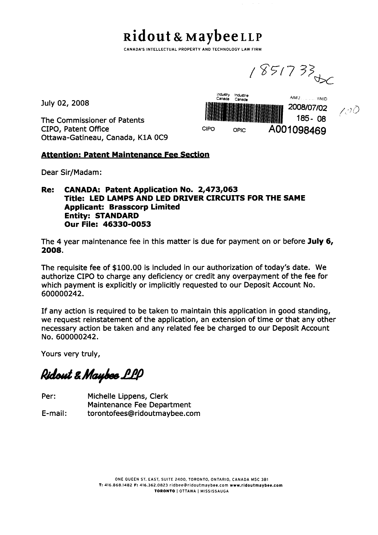 Canadian Patent Document 2473063. Fees 20071202. Image 1 of 1