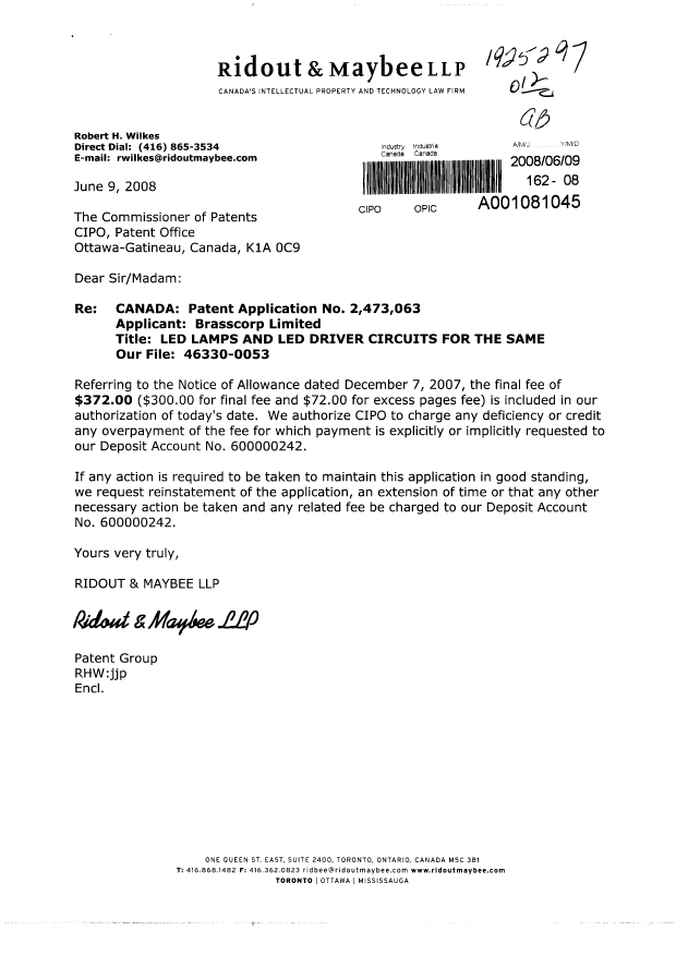 Document de brevet canadien 2473063. Correspondance 20071209. Image 1 de 1