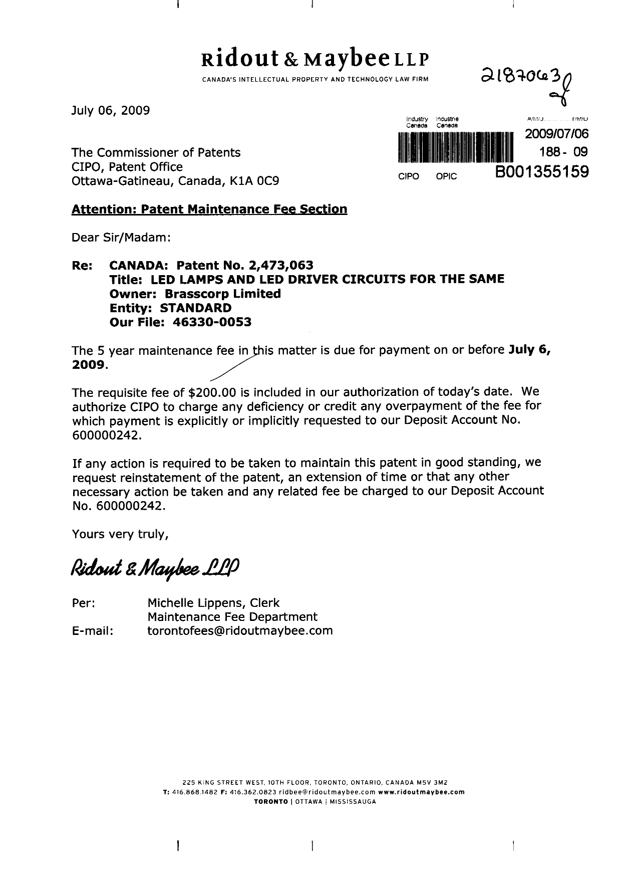 Canadian Patent Document 2473063. Fees 20081206. Image 1 of 1