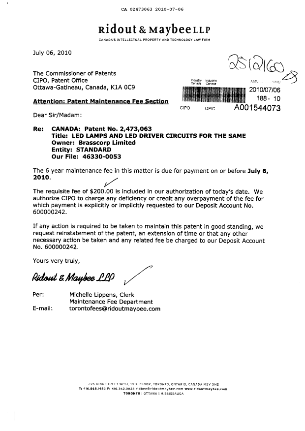 Canadian Patent Document 2473063. Fees 20091206. Image 1 of 1