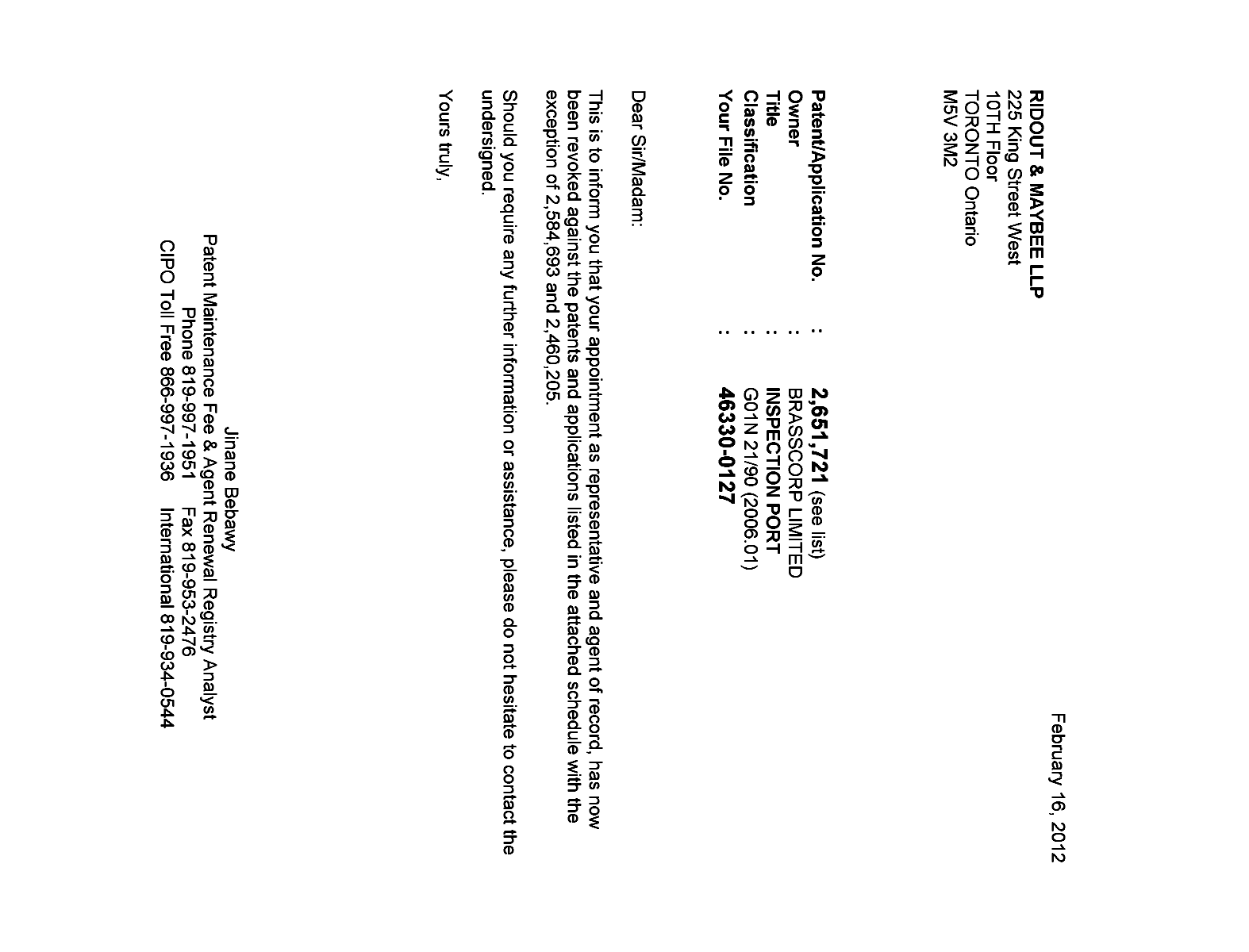 Document de brevet canadien 2473063. Correspondance 20111216. Image 1 de 1