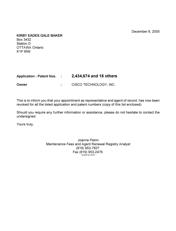 Document de brevet canadien 2473151. Correspondance 20051208. Image 1 de 1