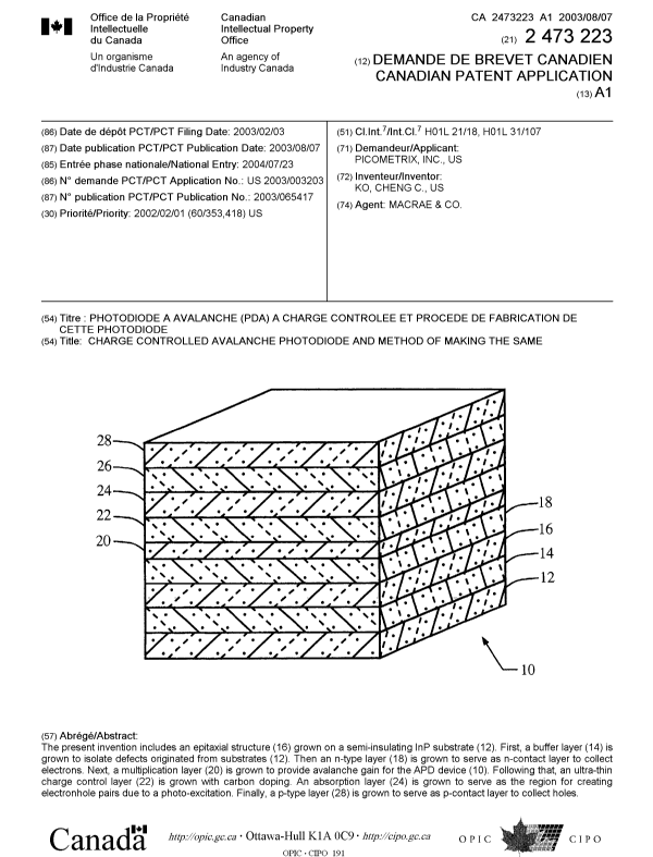 Canadian Patent Document 2473223. Cover Page 20040927. Image 1 of 1