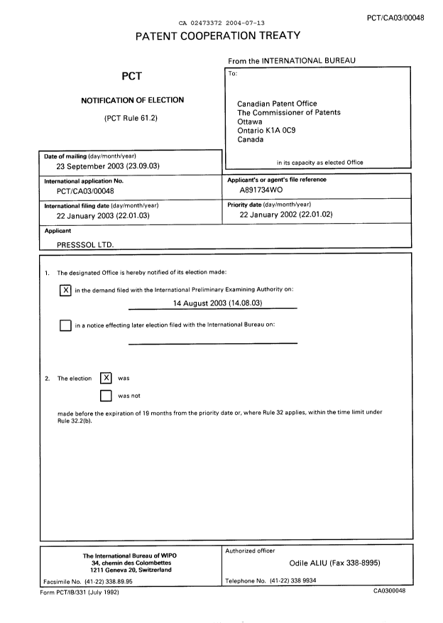 Document de brevet canadien 2473372. PCT 20040713. Image 1 de 5