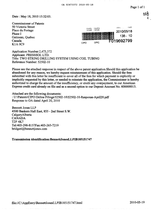 Document de brevet canadien 2473372. Poursuite-Amendment 20100518. Image 1 de 19