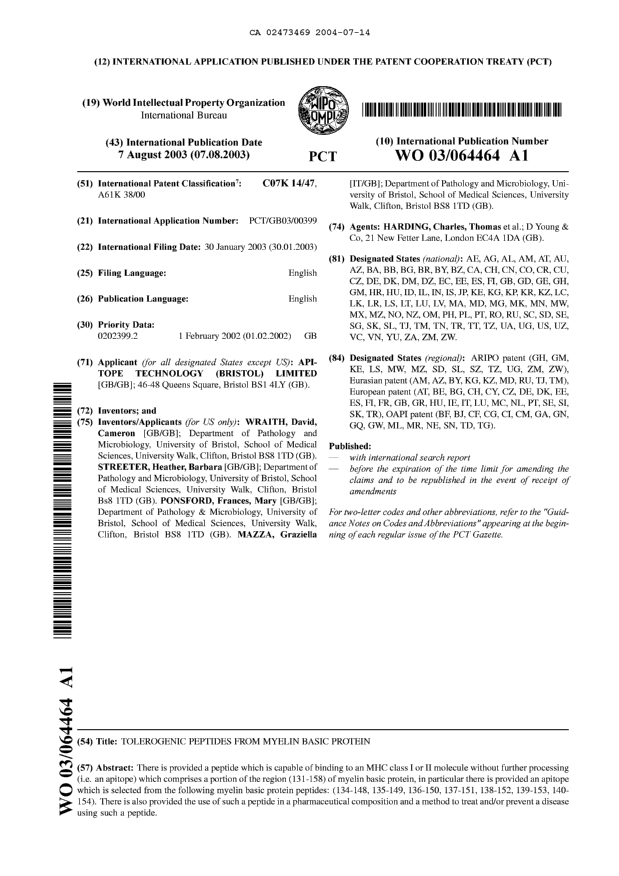 Document de brevet canadien 2473469. Abrégé 20040714. Image 1 de 1