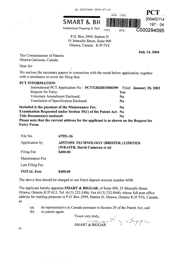Document de brevet canadien 2473469. Cession 20040714. Image 1 de 3