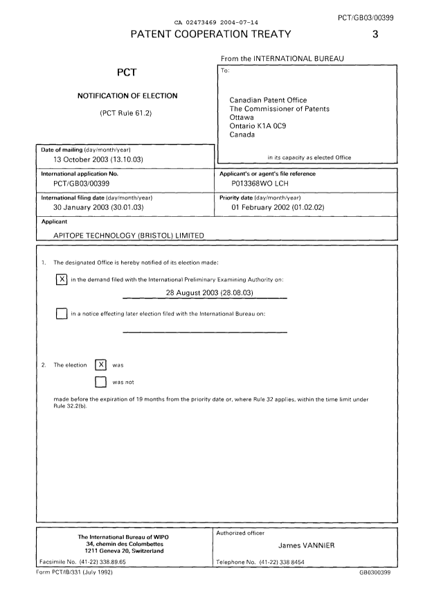 Document de brevet canadien 2473469. PCT 20040714. Image 1 de 9