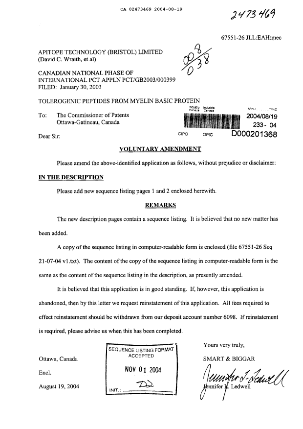 Document de brevet canadien 2473469. Poursuite-Amendment 20040819. Image 1 de 3