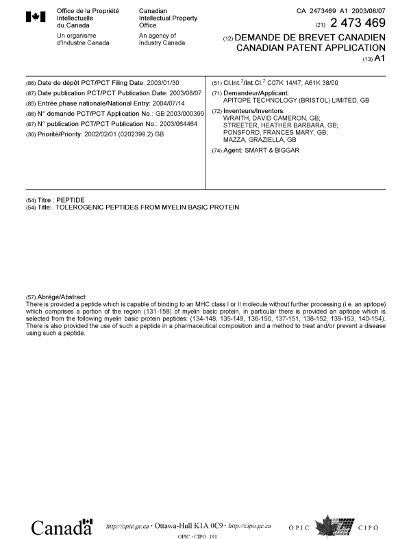 Document de brevet canadien 2473469. Page couverture 20040915. Image 1 de 1