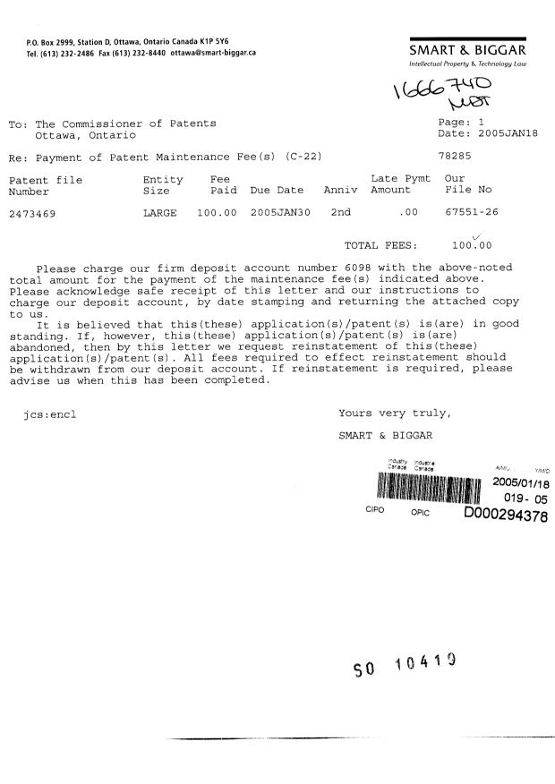 Document de brevet canadien 2473469. Taxes 20050118. Image 1 de 1