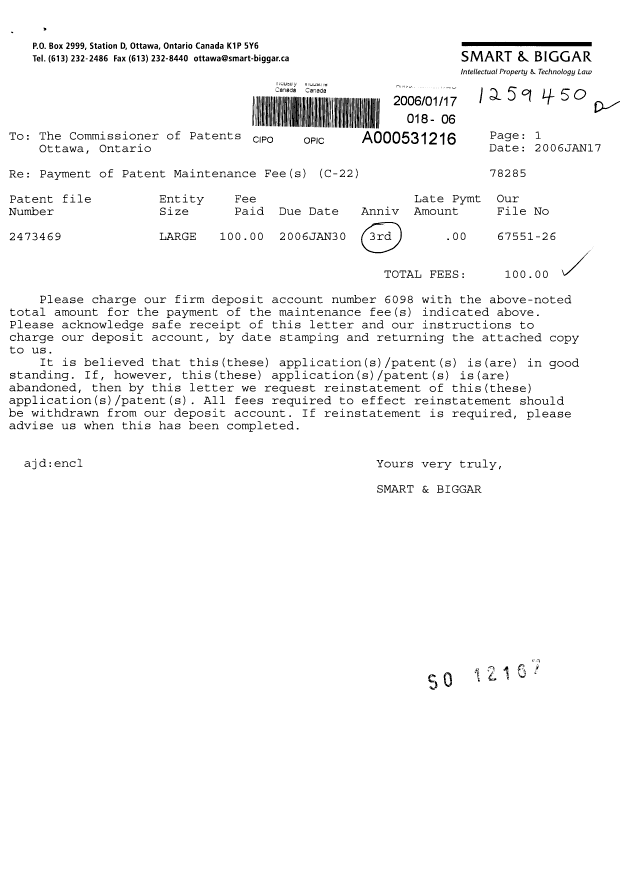 Document de brevet canadien 2473469. Taxes 20060117. Image 1 de 1