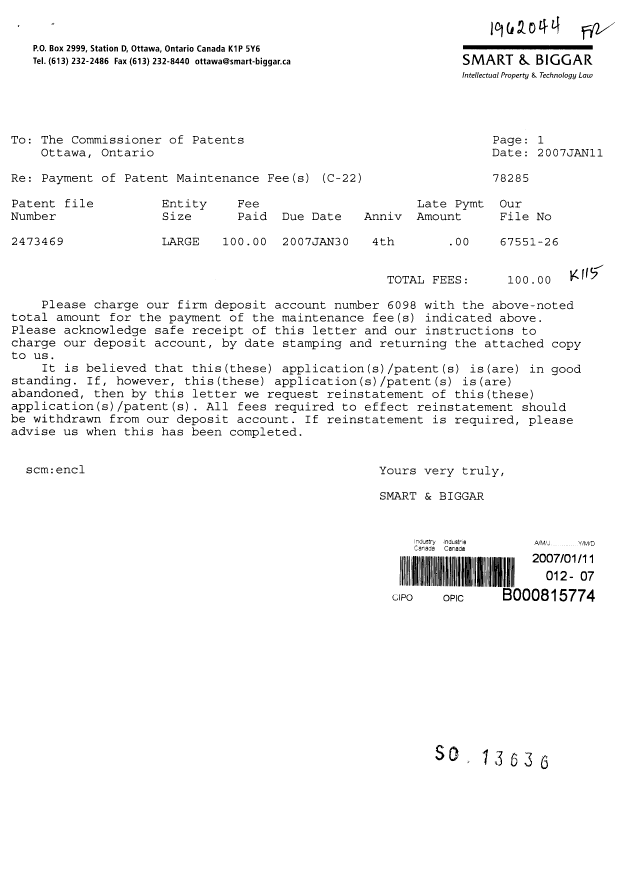Document de brevet canadien 2473469. Taxes 20070111. Image 1 de 1
