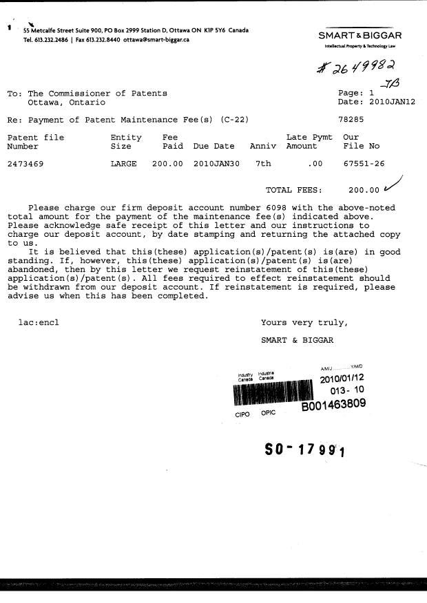 Document de brevet canadien 2473469. Taxes 20100112. Image 1 de 1