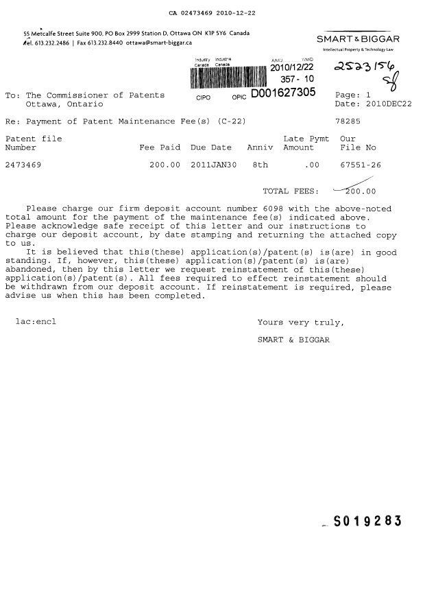 Document de brevet canadien 2473469. Taxes 20101222. Image 1 de 1