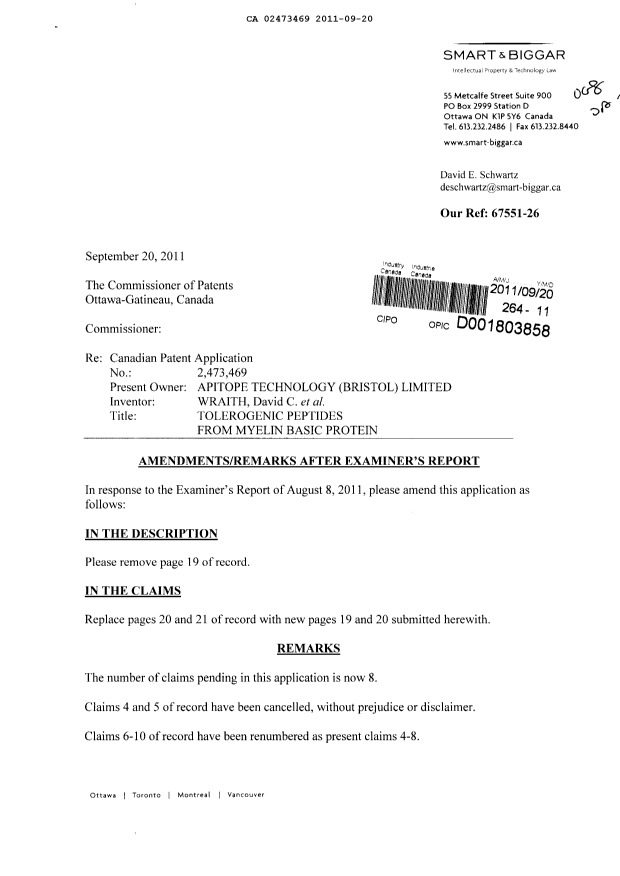 Document de brevet canadien 2473469. Poursuite-Amendment 20110920. Image 1 de 5