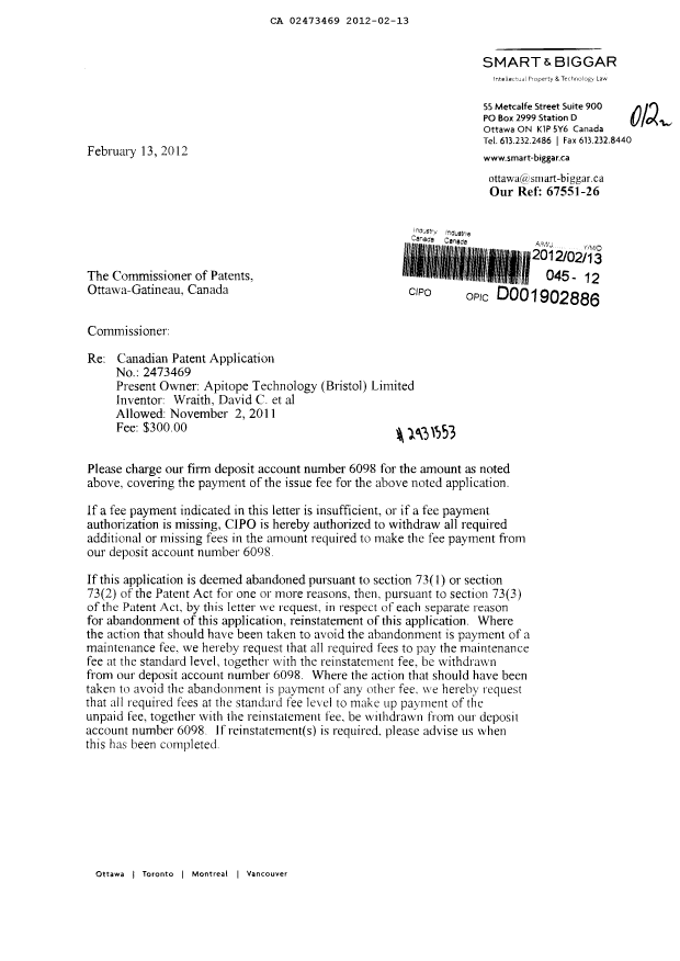 Document de brevet canadien 2473469. Correspondance 20120213. Image 1 de 2