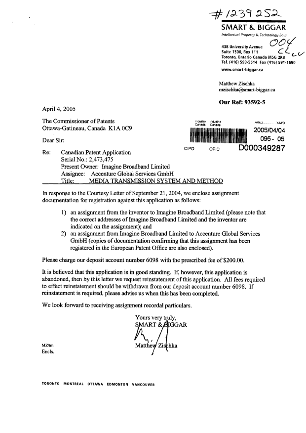 Document de brevet canadien 2473475. Cession 20050404. Image 1 de 8