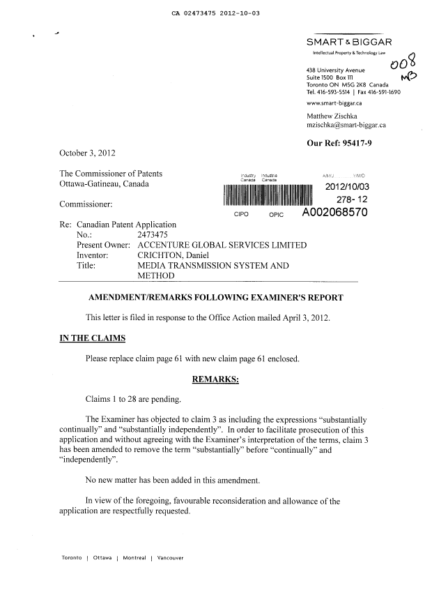 Document de brevet canadien 2473475. Poursuite-Amendment 20121003. Image 1 de 3