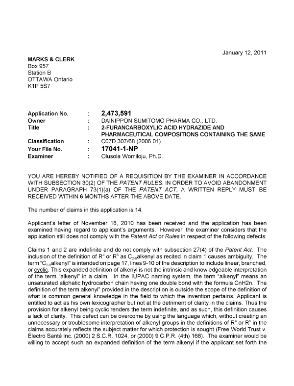 Document de brevet canadien 2473591. Poursuite-Amendment 20110112. Image 1 de 2