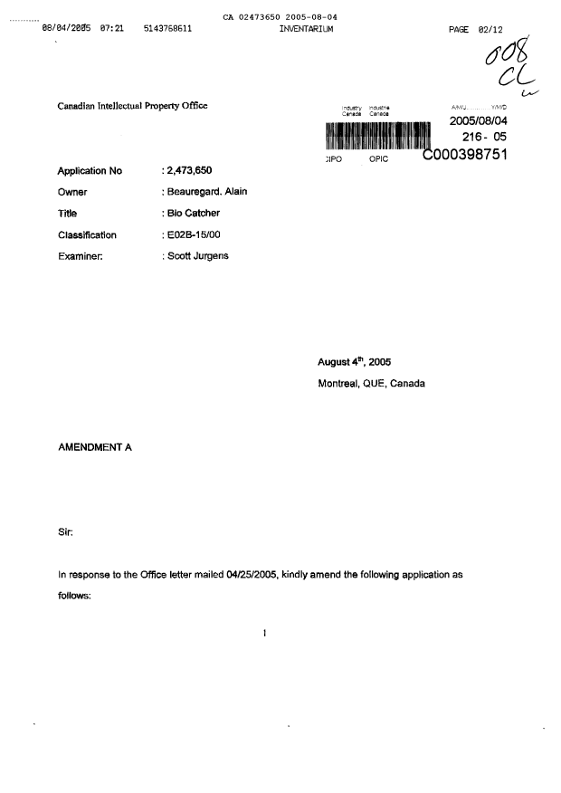 Canadian Patent Document 2473650. Prosecution-Amendment 20041204. Image 1 of 12