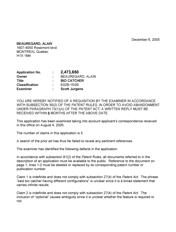 Document de brevet canadien 2473650. Poursuite-Amendment 20041206. Image 1 de 2