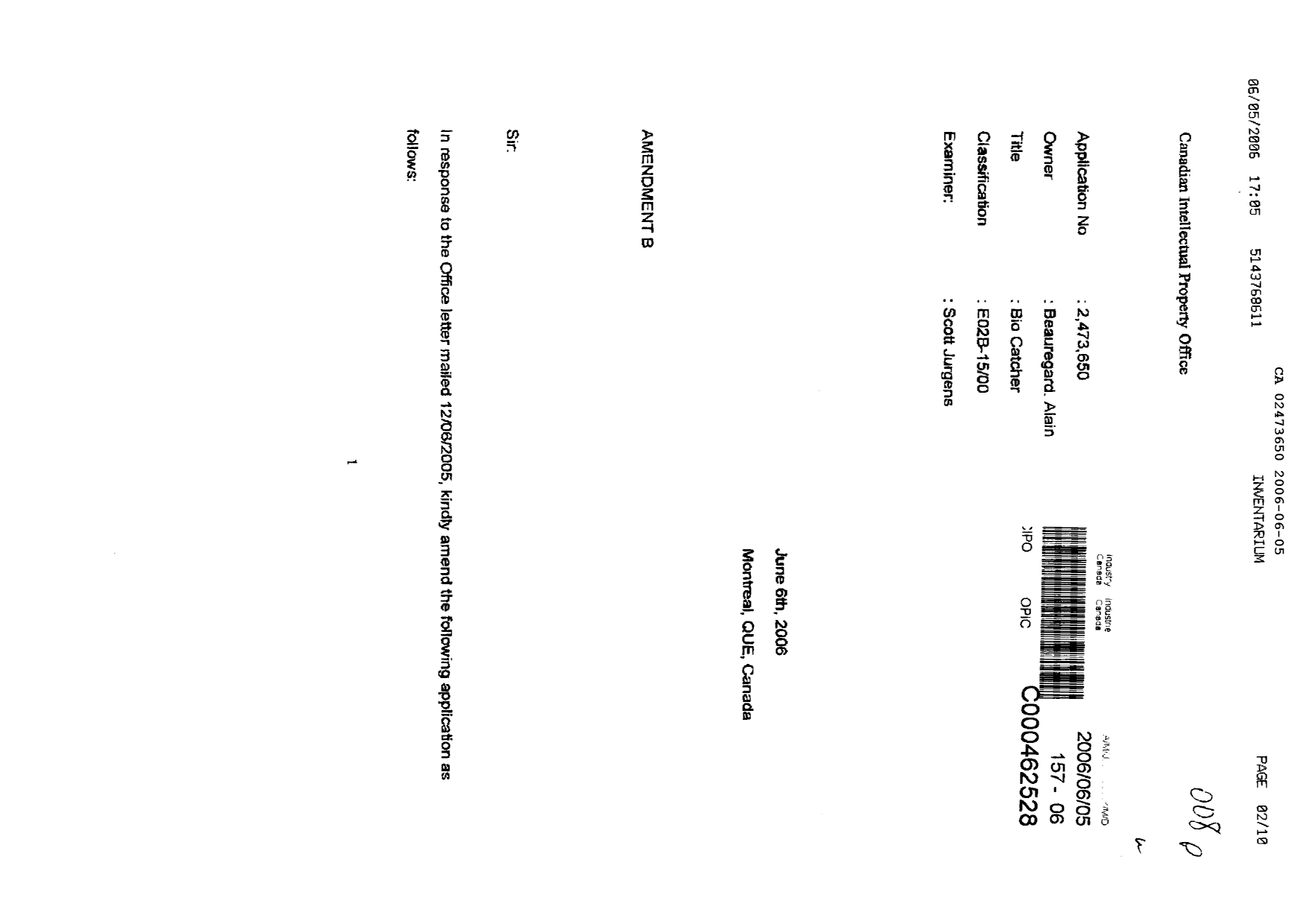 Document de brevet canadien 2473650. Poursuite-Amendment 20051205. Image 1 de 9