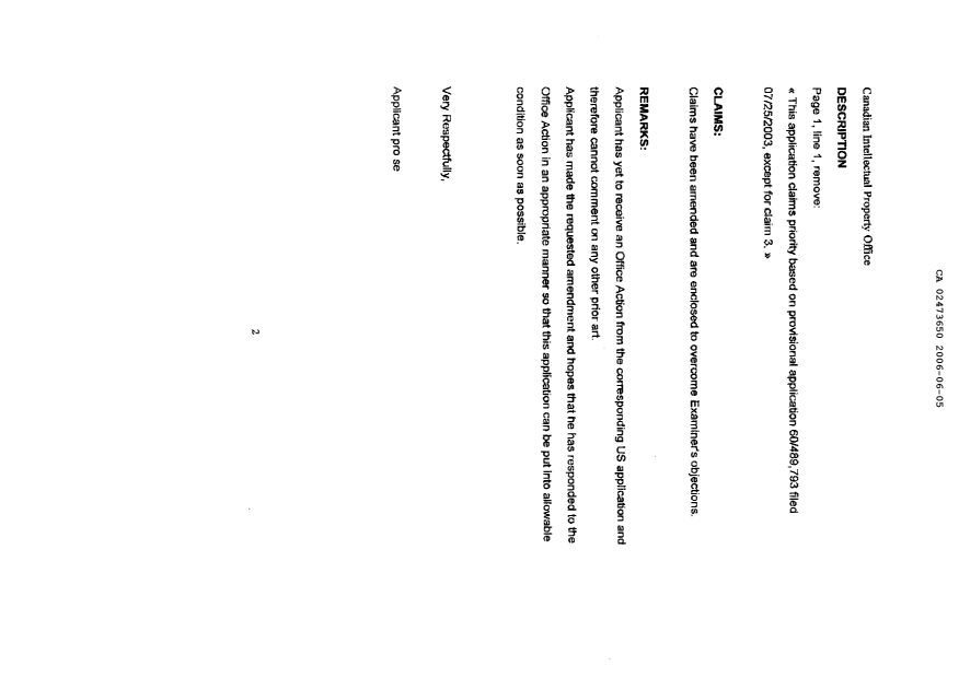 Document de brevet canadien 2473650. Poursuite-Amendment 20051205. Image 2 de 9