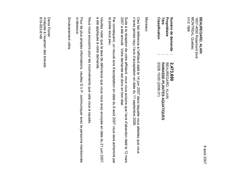 Document de brevet canadien 2473650. Correspondance 20061208. Image 1 de 1