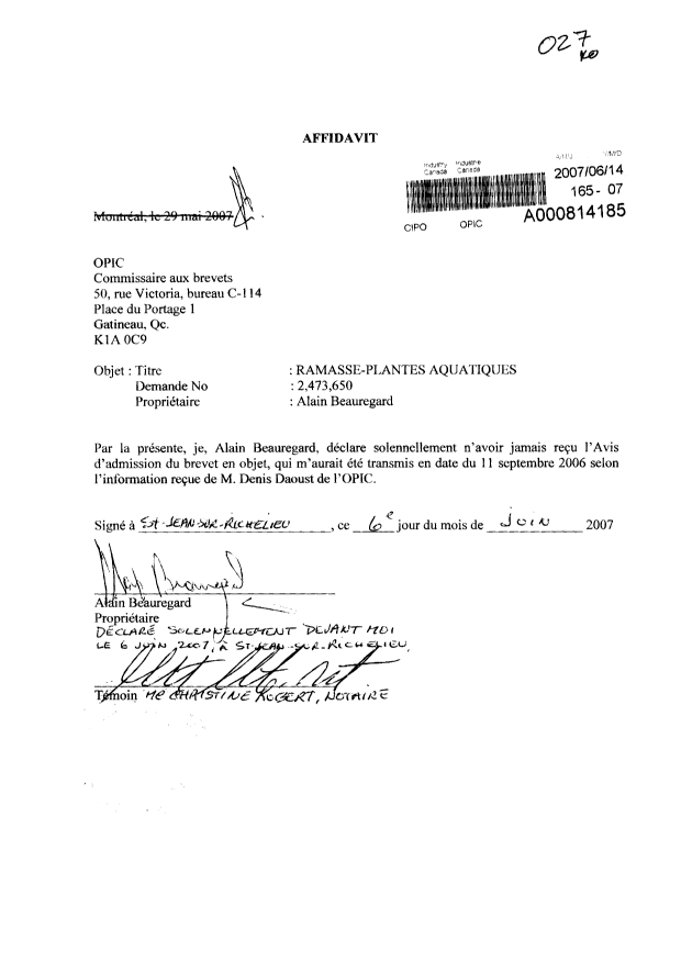 Canadian Patent Document 2473650. Prosecution-Amendment 20061214. Image 1 of 2