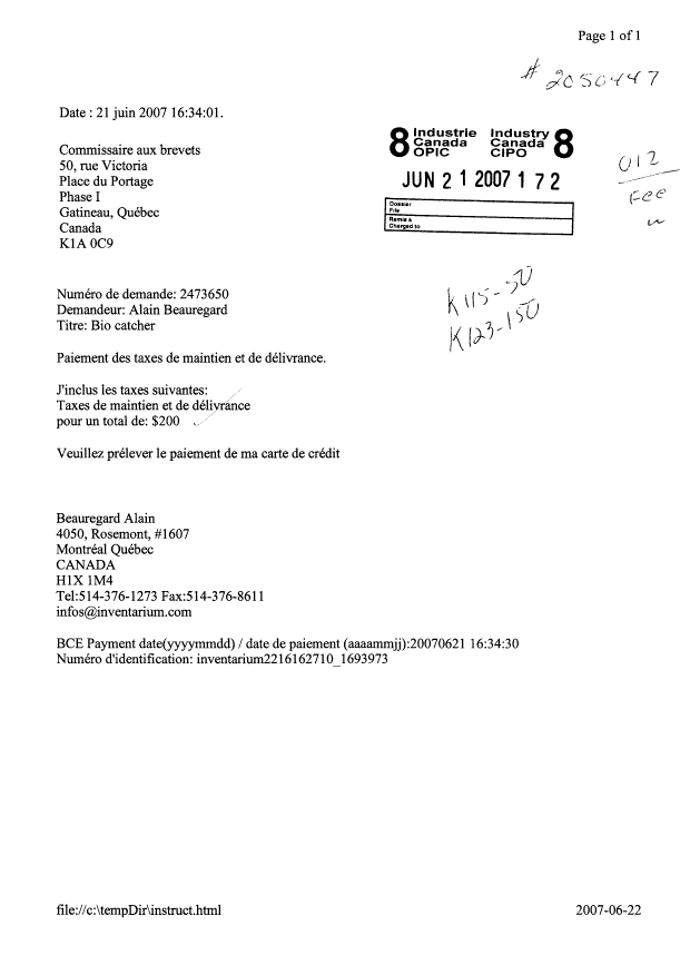 Canadian Patent Document 2473650. Fees 20061221. Image 1 of 1