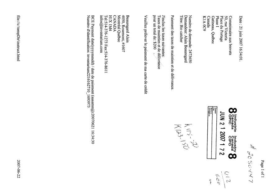 Document de brevet canadien 2473650. Correspondance 20061221. Image 1 de 1