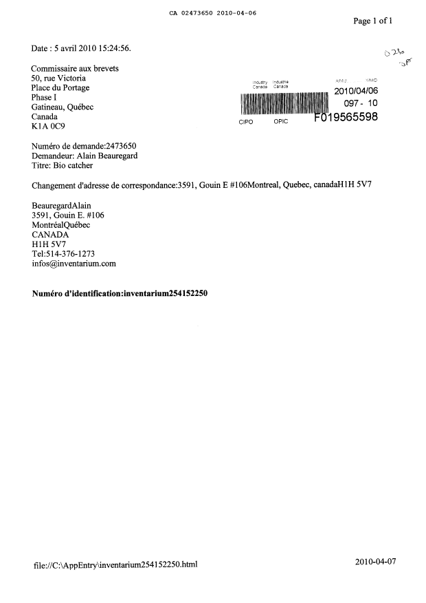 Document de brevet canadien 2473650. Correspondance 20091206. Image 1 de 1