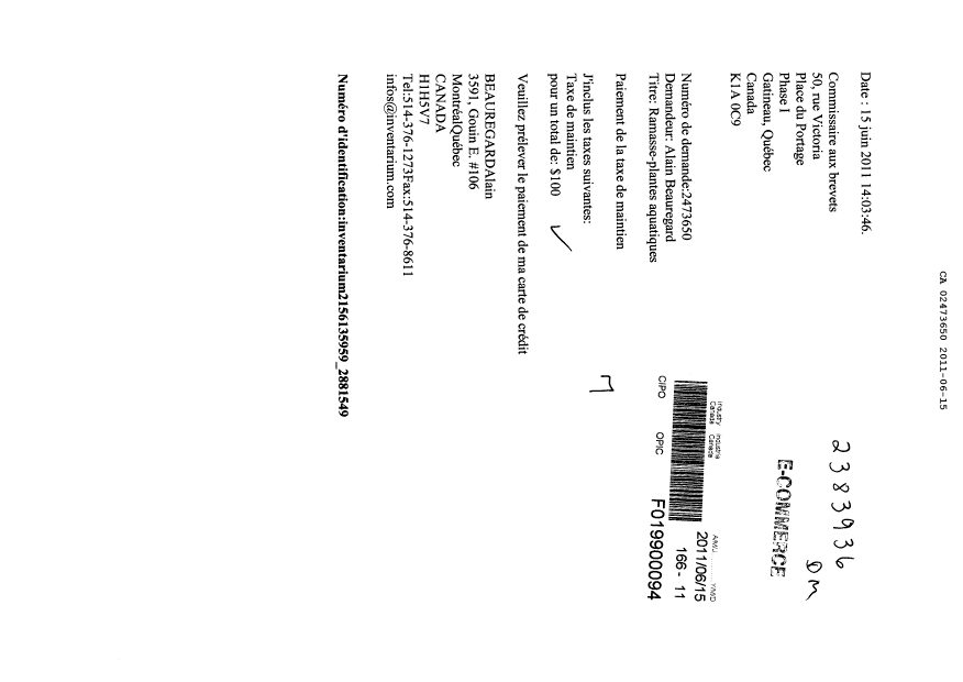 Document de brevet canadien 2473650. Taxes 20101215. Image 1 de 1