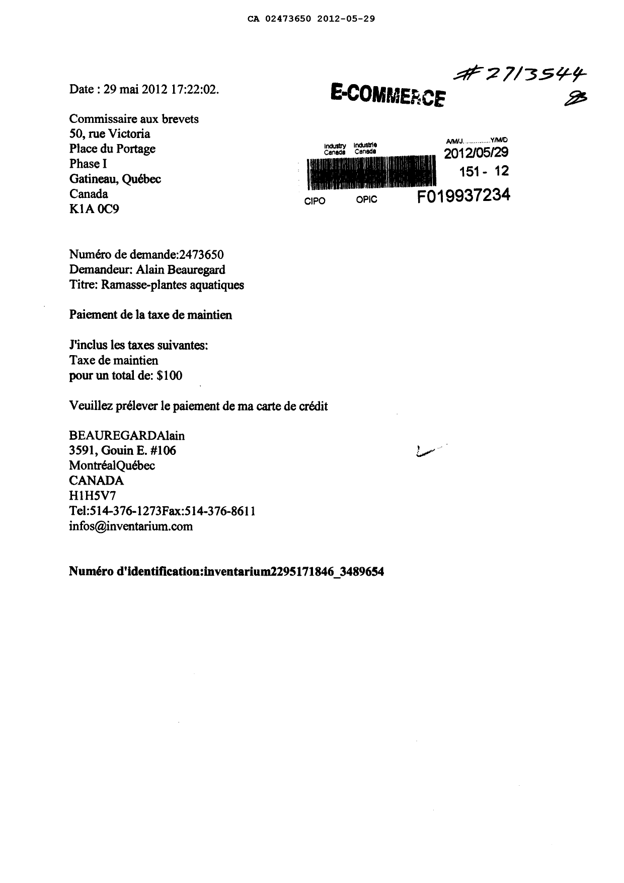 Document de brevet canadien 2473650. Taxes 20111229. Image 1 de 1