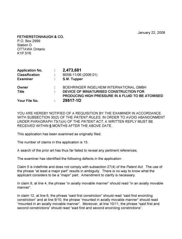 Canadian Patent Document 2473681. Prosecution-Amendment 20080122. Image 1 of 2