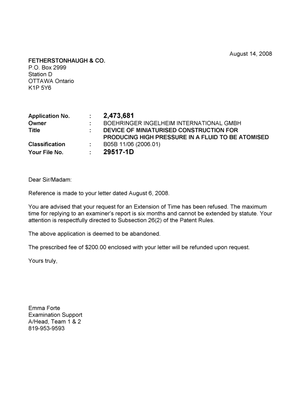 Document de brevet canadien 2473681. Correspondance 20080814. Image 1 de 1