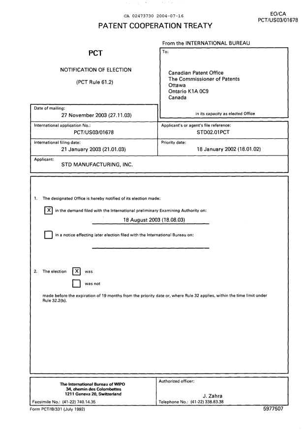 Document de brevet canadien 2473730. PCT 20040716. Image 1 de 5