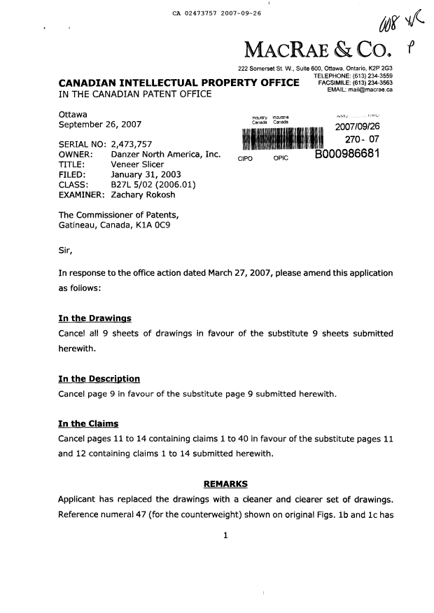 Document de brevet canadien 2473757. Poursuite-Amendment 20070926. Image 1 de 16